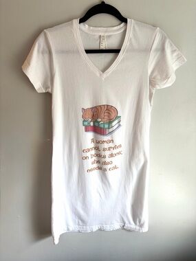 White V-Neck Sleep Dress with Cat
